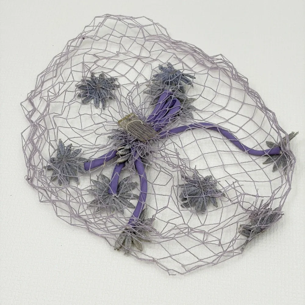 Vintage Birdcage Veil Floral Embroidered Fascinator One Size Purple